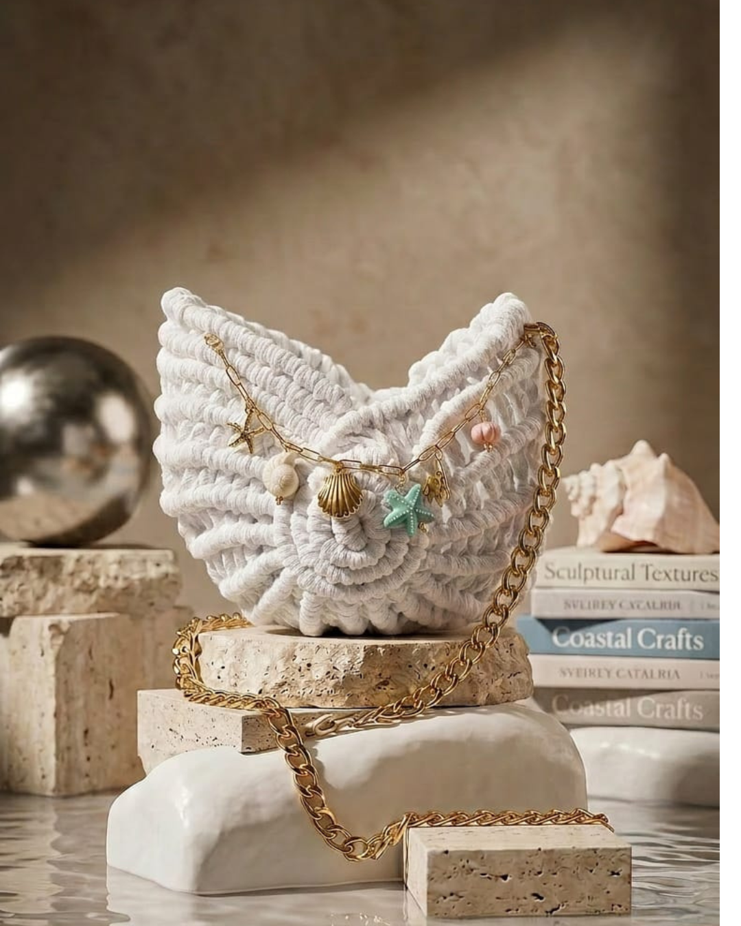 Bolsa Búzio Branca com charms marinhos - imagem gerada por IA (referência visual)