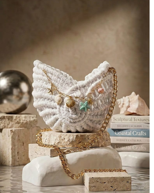 Bolsa Búzio Branca com charms marinhos - imagem gerada por IA (referência visual)
