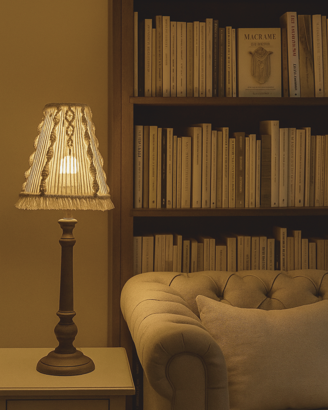Candeeiro de Mesa | Estrutura em Madeira | Abajur em Macramé | 100% algodão