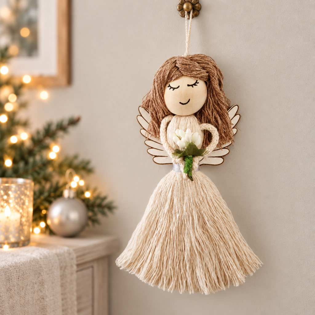 Capa criada com IA do anjinho natural com cabelo castanho e flores brancas num cenário natalício
