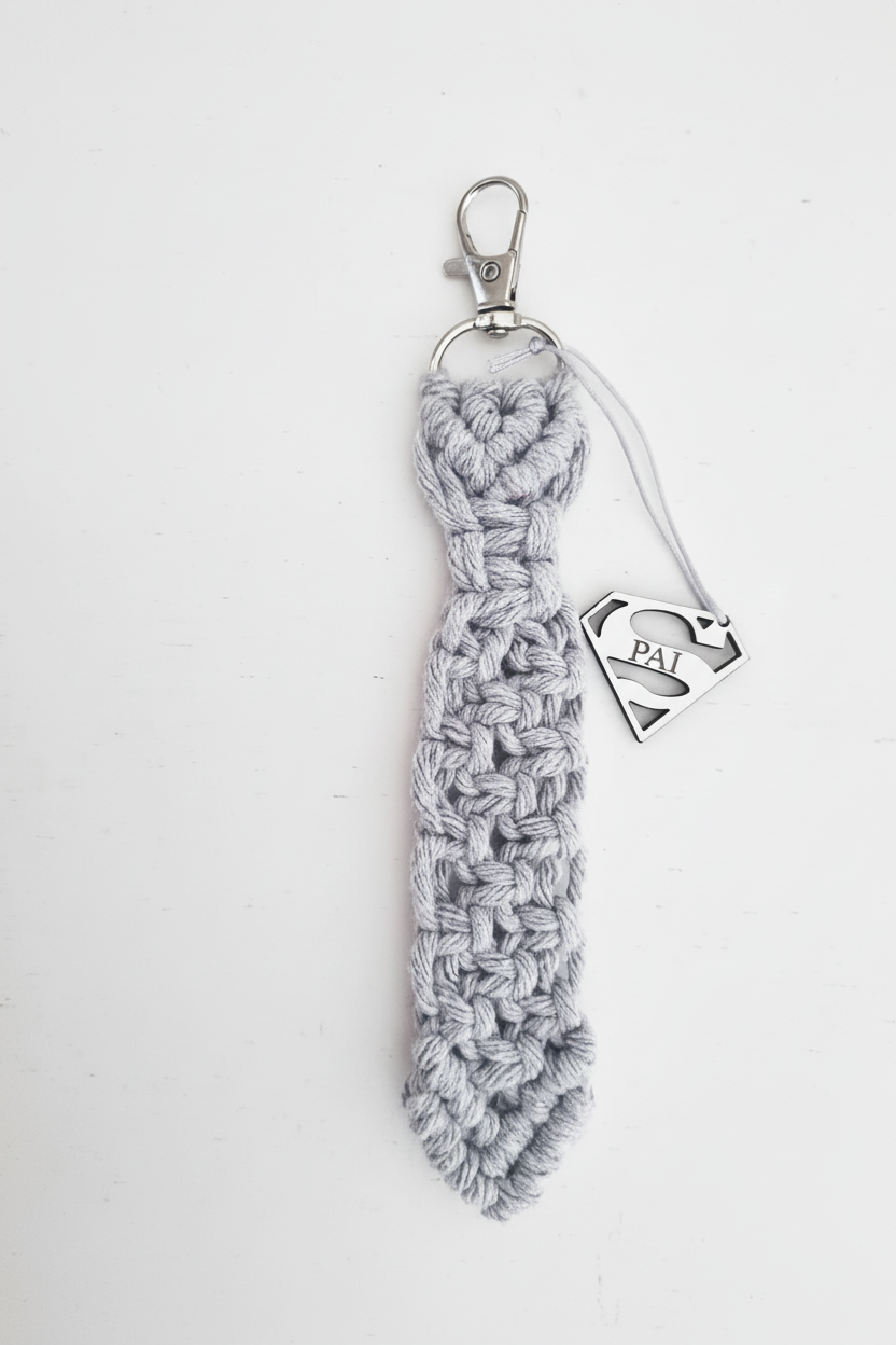 Detalhe porta-chaves Super Pai macramé com mosquetão e charm