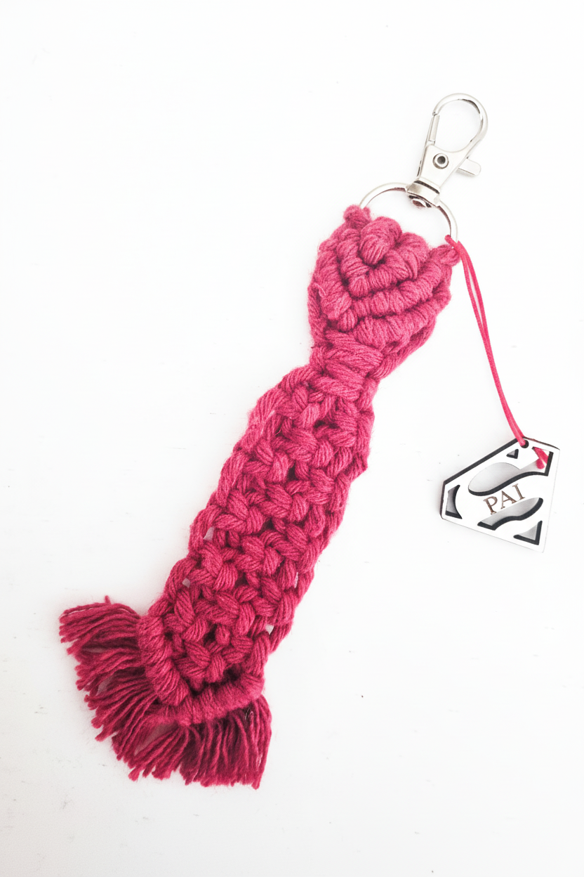 Porta-chaves Super Pai macramé vermelho com franjas