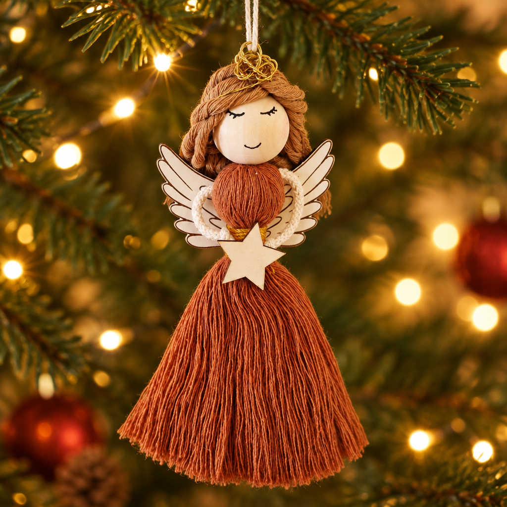 Capa criada com IA do anjinho terracota com estrela pendurado numa árvore de Natal