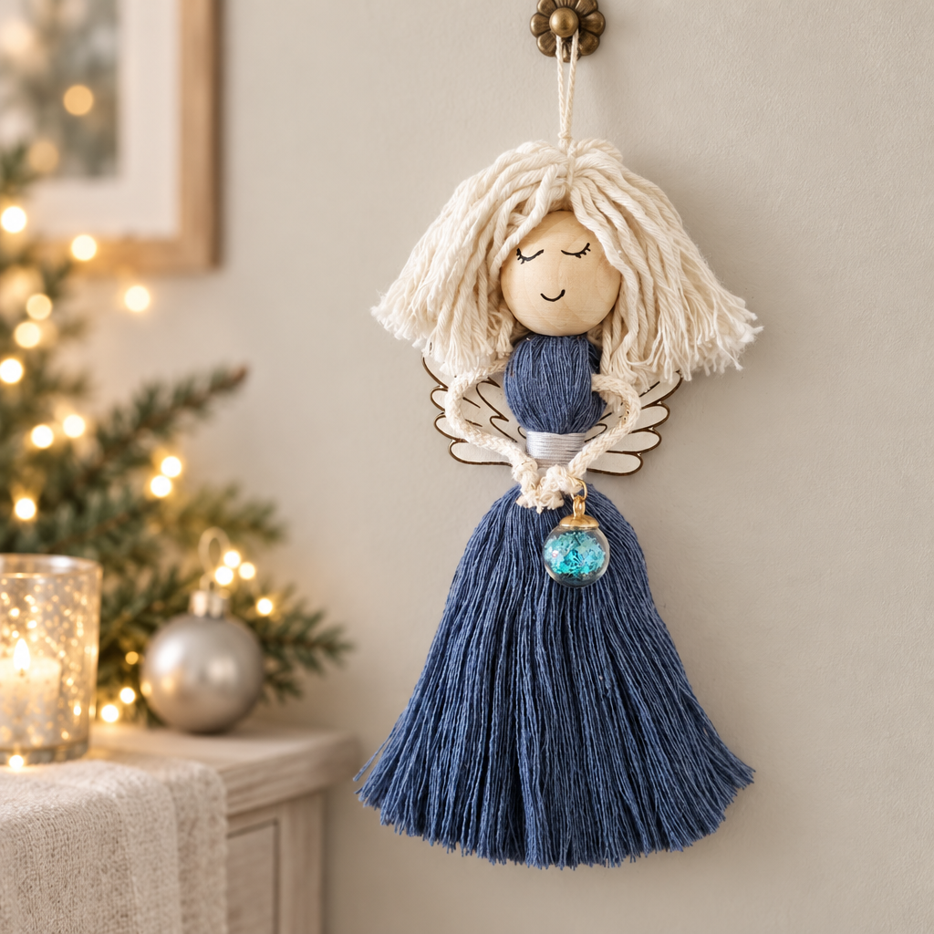 Capa criada com IA do anjinho azul com cabelo branco e pendente turquesa num ambiente festivo