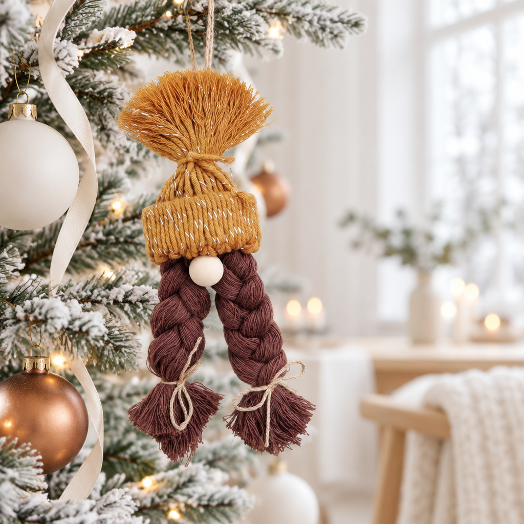 Capa criada com IA do ajudante do Pai Natal numa árvore de Natal com decoração branca e cobre