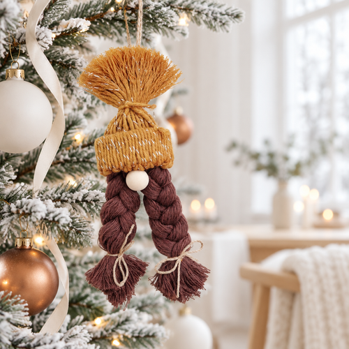 Capa criada com IA do ajudante do Pai Natal numa árvore de Natal com decoração branca e cobre