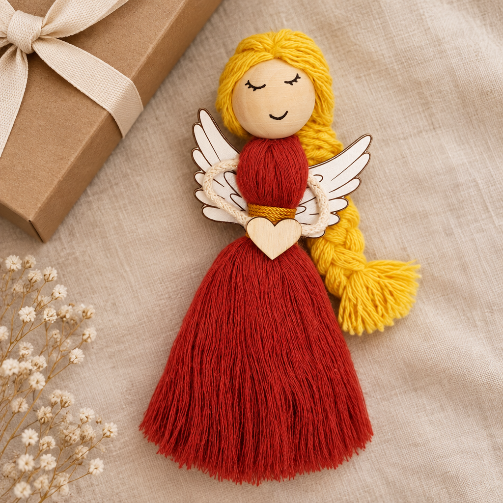 Capa criada com IA do anjinho terracota com trança amarela e coração branco junto a um presente