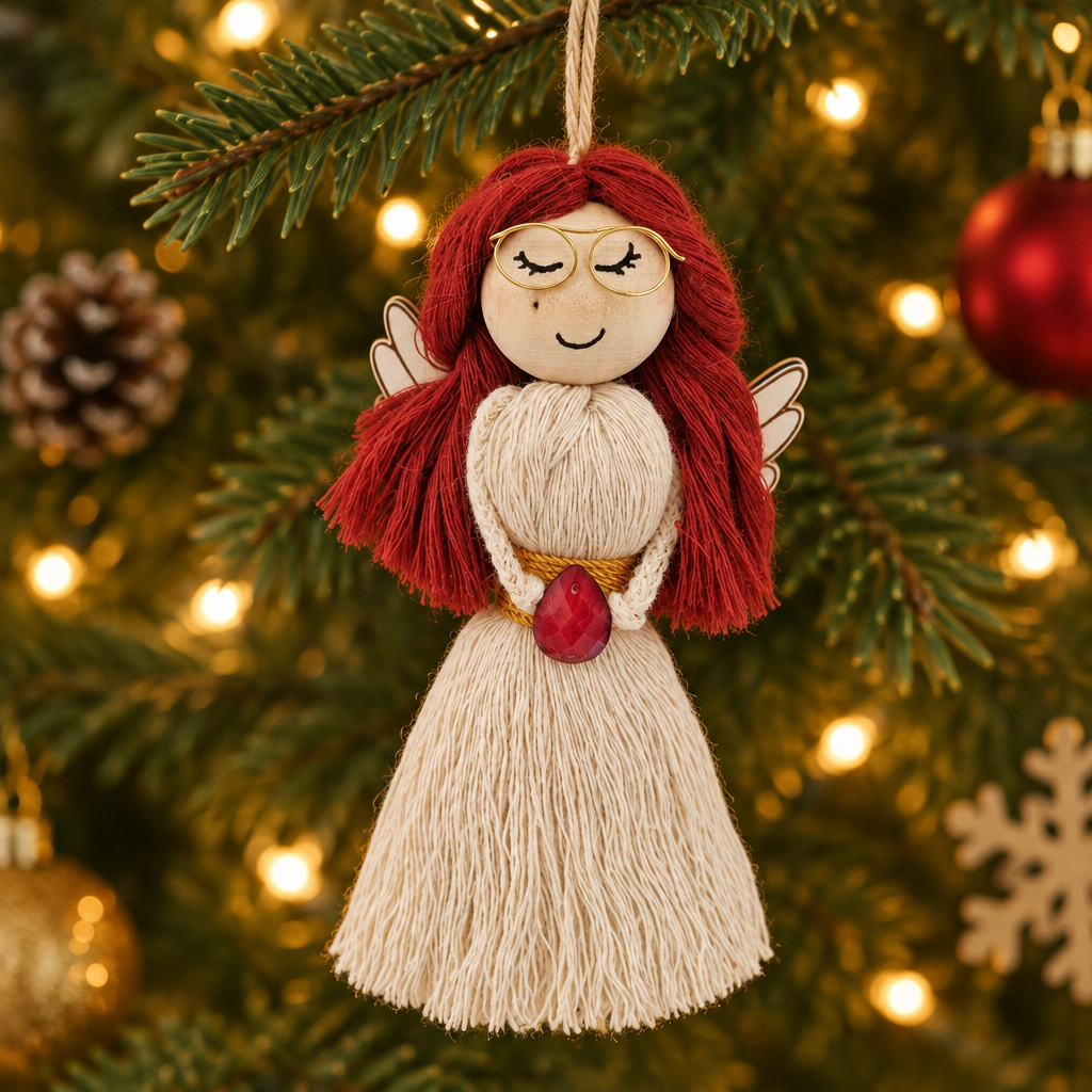Capa criada com IA do anjinho natural com cabelo vermelho e óculos pendurado numa árvore de Natal
