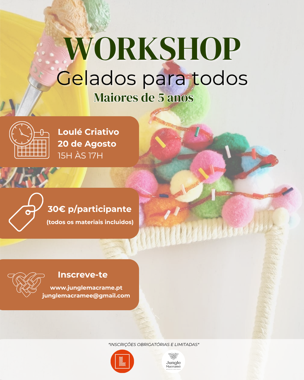 Cartaz do Workshop Gelados para Todos – Jungle Macramé, Loulé Criativo, 20 de Agosto