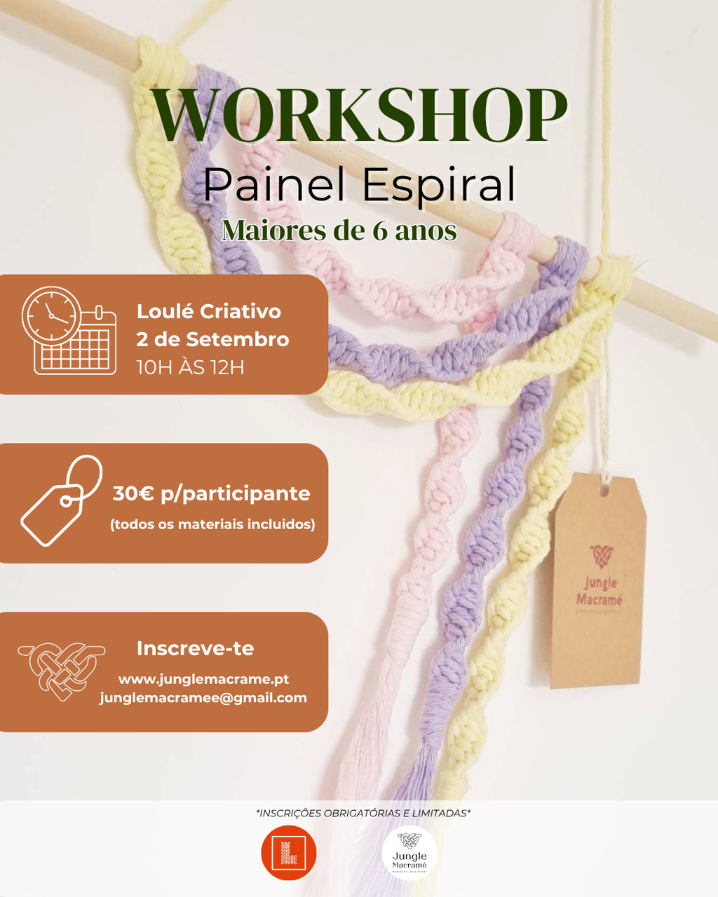 Cartaz do Workshop Painel Espiral – Jungle Macramé, Loulé Criativo, 2 de Setembro